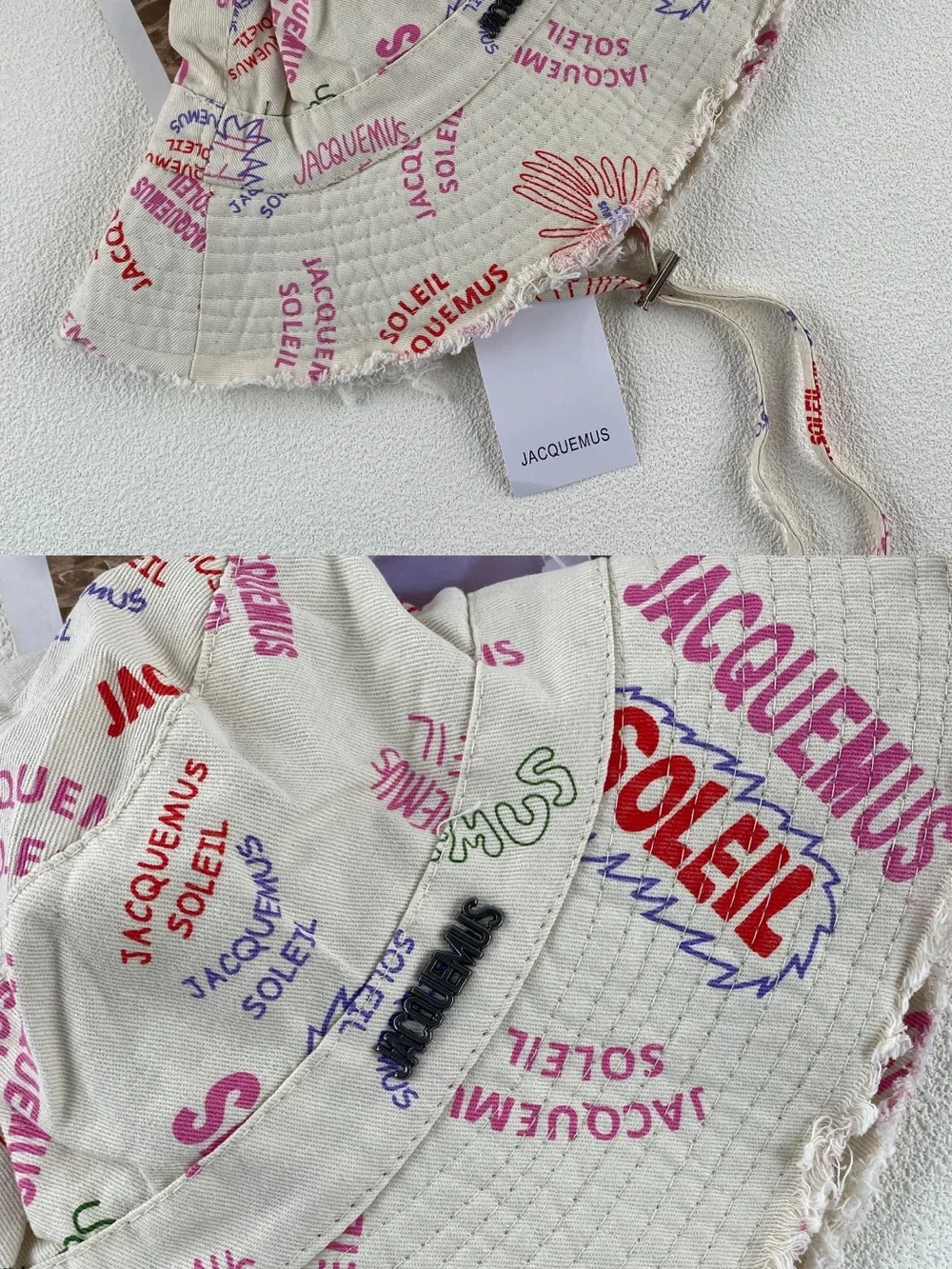 Designer inspired Beige Bucket Hat with Pink & Purple Graphic Print